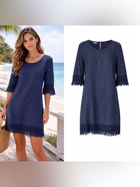 Womens Linen Crochet Dress Medium Lagom Minimalist Beachy Quiet Luxury Blue Boho